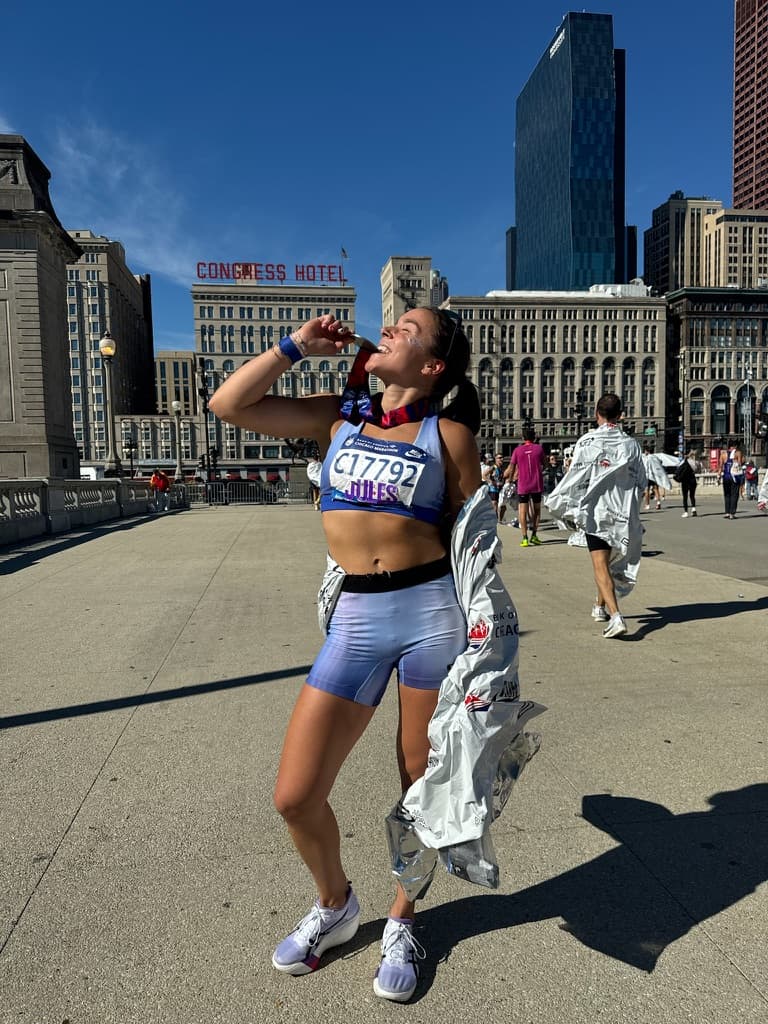 Crossing the finish line at the Chicago Marathon